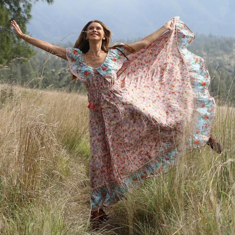 Off-The-Shoulder Bohemia Maxi Chiffon Floral Print Dress Beach Style Vacation Dress
