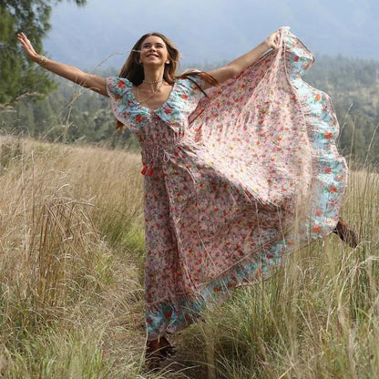 Off-The-Shoulder Bohemia Maxi Chiffon Floral Print Dress Beach Style Vacation Dress