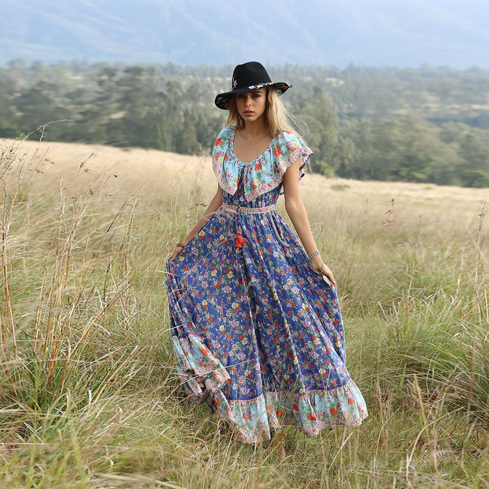 Blue Off-The-Shoulder Bohemia Maxi Chiffon Floral Print Dress Beach Style Vacation Dress