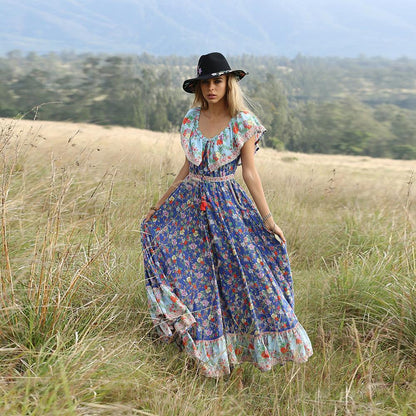 Blue Off-The-Shoulder Bohemia Maxi Chiffon Floral Print Dress Beach Style Vacation Dress