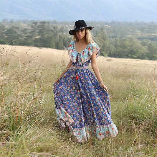 Blue Off-The-Shoulder Bohemia Maxi Chiffon Floral Print Dress Beach Style Vacation Dress