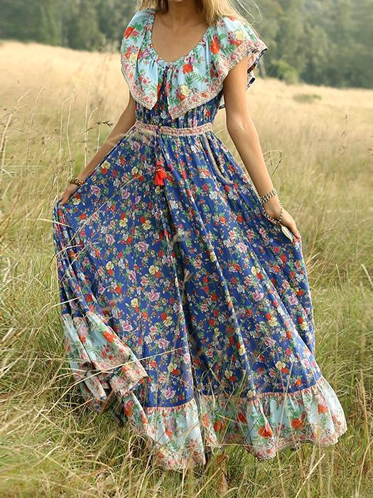 Blue Off-The-Shoulder Bohemia Maxi Chiffon Floral Print Dress Beach Style Vacation Dress