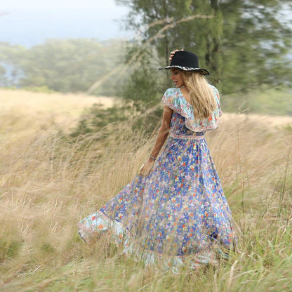 Blue Off-The-Shoulder Bohemia Maxi Chiffon Floral Print Dress Beach Style Vacation Dress