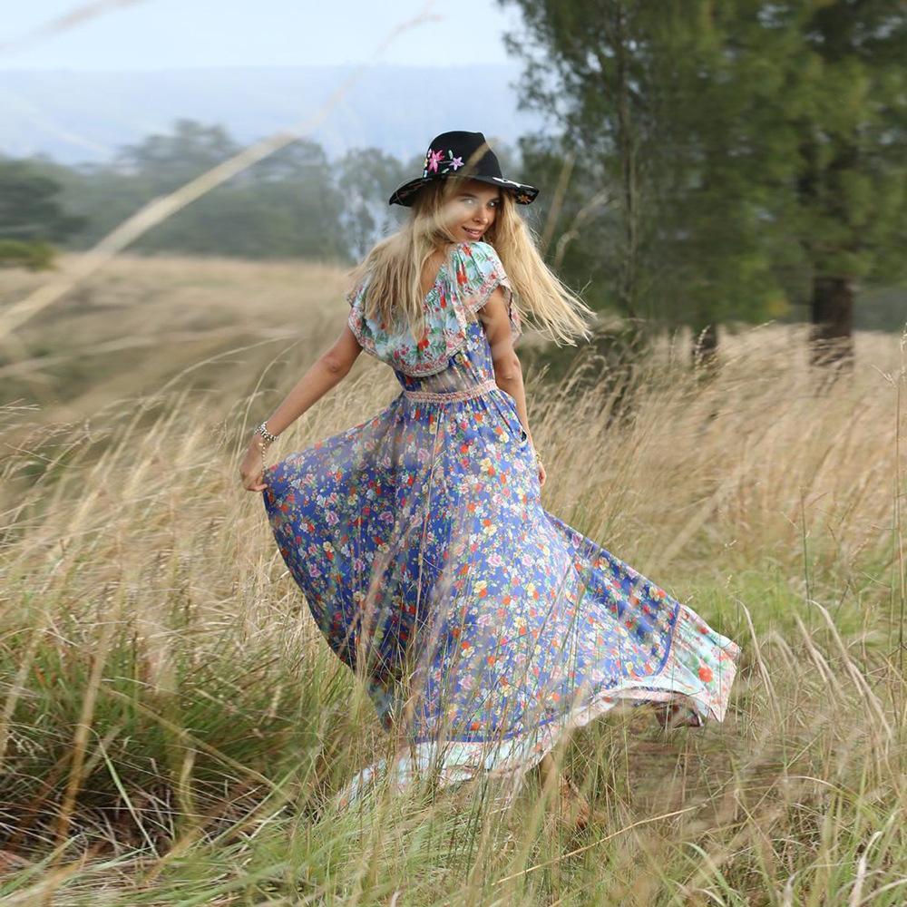 Blue Off-The-Shoulder Bohemia Maxi Chiffon Floral Print Dress Beach Style Vacation Dress