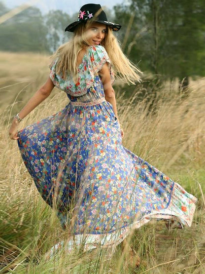 Blue Off-The-Shoulder Bohemia Maxi Chiffon Floral Print Dress Beach Style Vacation Dress