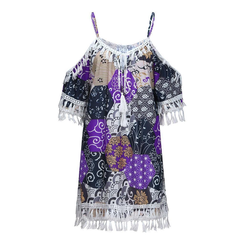 Elegant Dress Women Off Shoulder Dress Tassel Bohemia Printed Cocktail Party Beach Dresses