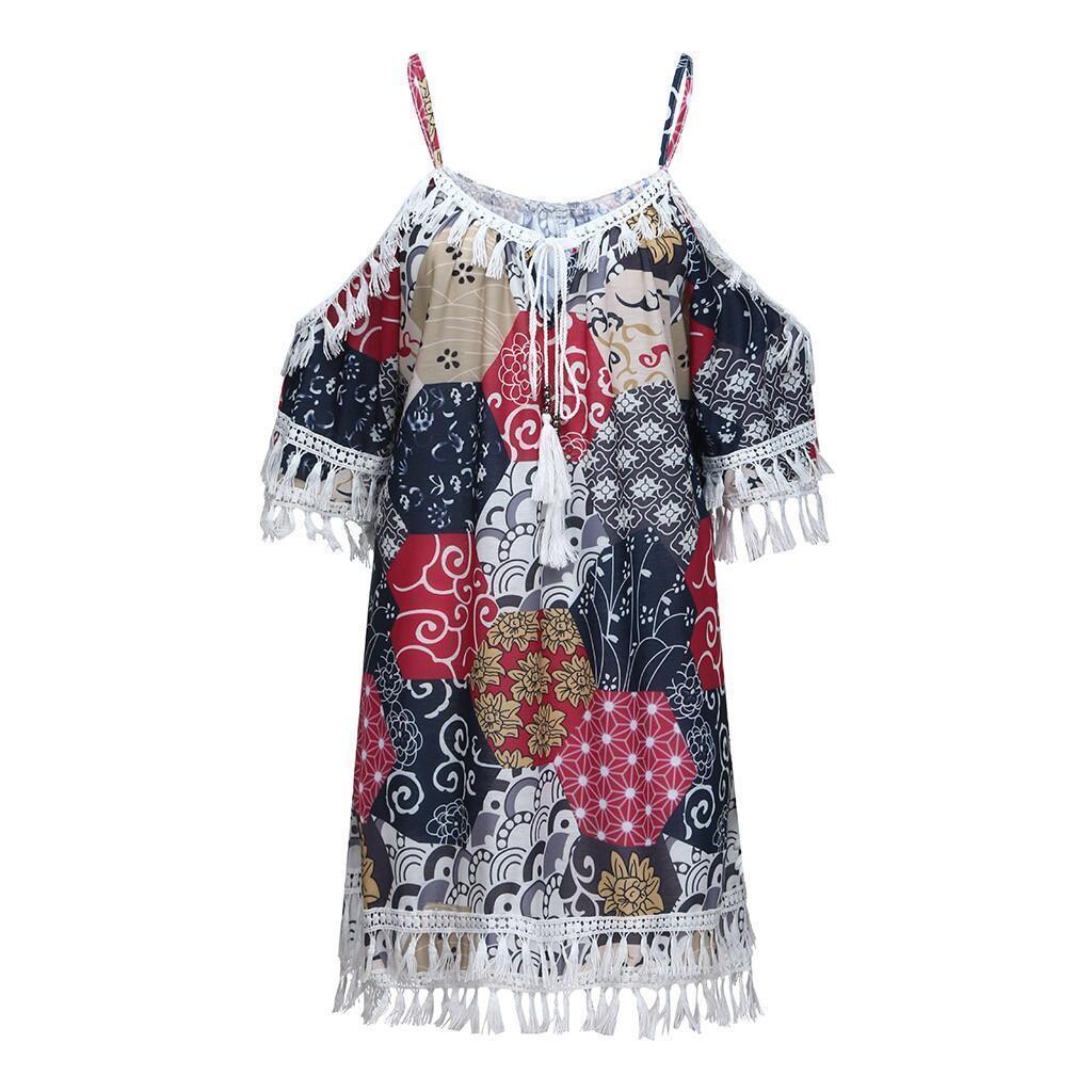 Elegant Dress Women Off Shoulder Dress Tassel Bohemia Printed Cocktail Party Beach Dresses