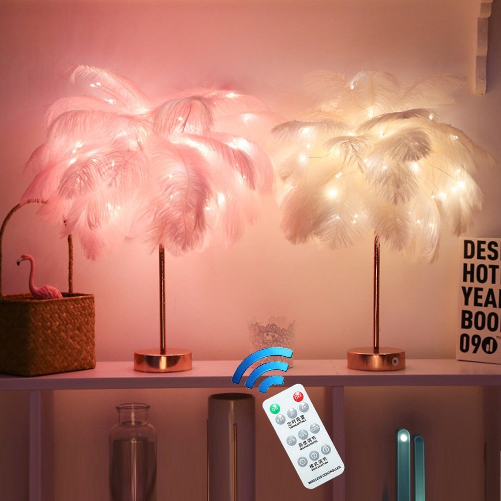 Remote Control Feather Table Lamp Usb/Aa Battery Power Diy Creative Warm Light Tree Feather Lampshade Wedding Home Bedroom Decor