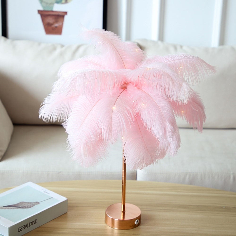 Remote Control Feather Table Lamp Usb/Aa Battery Power Diy Creative Warm Light Tree Feather Lampshade Wedding Home Bedroom Decor
