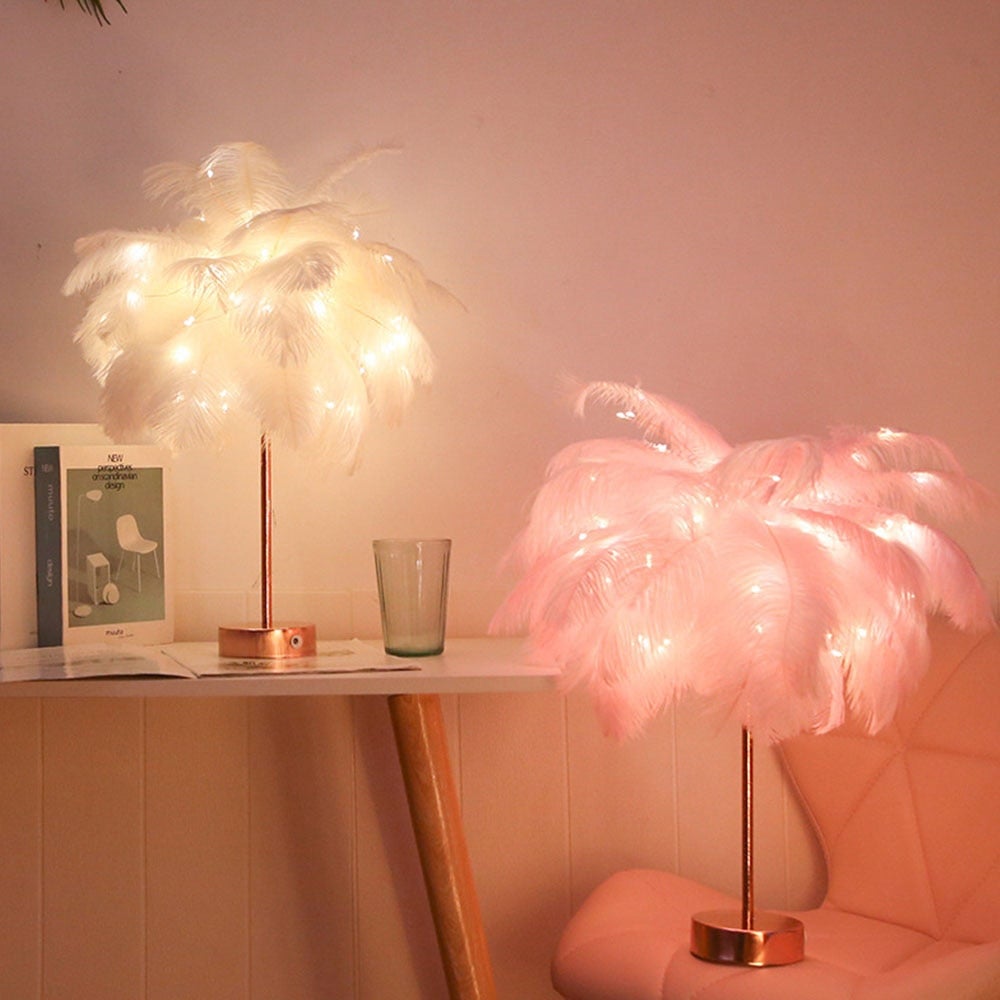 Remote Control Feather Table Lamp Usb/Aa Battery Power Diy Creative Warm Light Tree Feather Lampshade Wedding Home Bedroom Decor