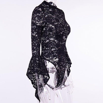 Woman Black Goth Sexy Lace Bodysuit Rompers A Line Skirt Suspender Lace Up See Through Club Wear