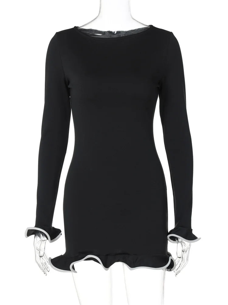 Ruffled Autumn Fashion Mini Dress Women'S Slim Long Sleeve Patchwork Elegant 2024 Party Dress Casual Female Mini Dress New