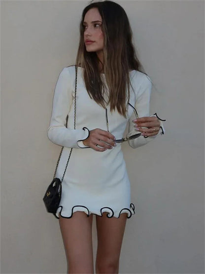 Ruffled Autumn Fashion Mini Dress Women'S Slim Long Sleeve Patchwork Elegant 2024 Party Dress Casual Female Mini Dress New