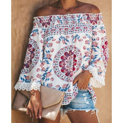 Autumn And Winter Women Retro Printed Lace Stitching Off Shoulder Elegant Loose Flare Sleeve Blouse