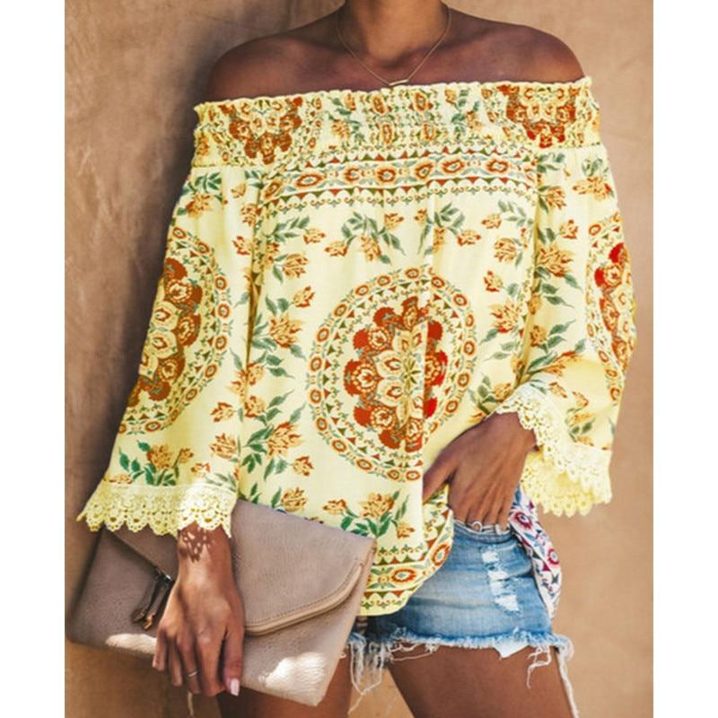Autumn And Winter Women Retro Printed Lace Stitching Off Shoulder Elegant Loose Flare Sleeve Blouse