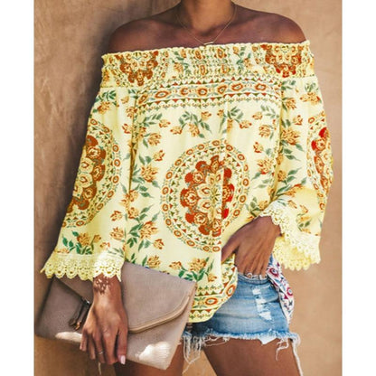 Autumn And Winter Women Retro Printed Lace Stitching Off Shoulder Elegant Loose Flare Sleeve Blouse