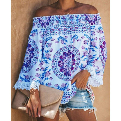 Autumn And Winter Women Retro Printed Lace Stitching Off Shoulder Elegant Loose Flare Sleeve Blouse