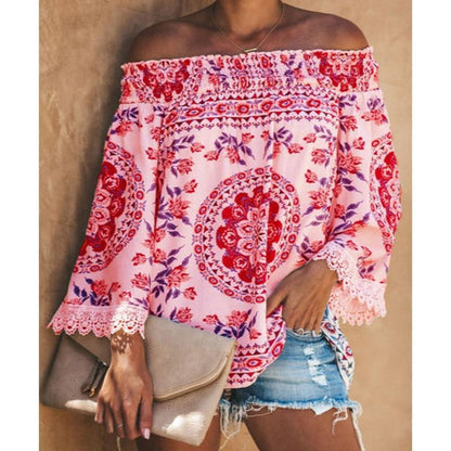 Autumn And Winter Women Retro Printed Lace Stitching Off Shoulder Elegant Loose Flare Sleeve Blouse