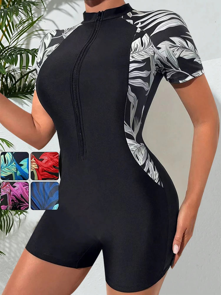 One Piece Floral Swimwear Swim Suit Women Short Sleeve Swimsuit Zip Front Tropical Plant Surfing Sun Protection（No Built-In Bra）