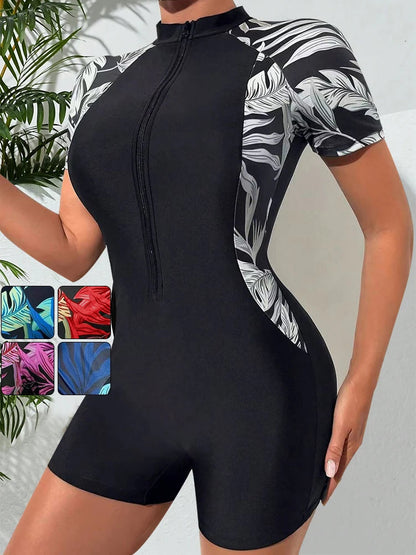 One Piece Floral Swimwear Swim Suit Women Short Sleeve Swimsuit Zip Front Tropical Plant Surfing Sun Protection（No Built-In Bra）