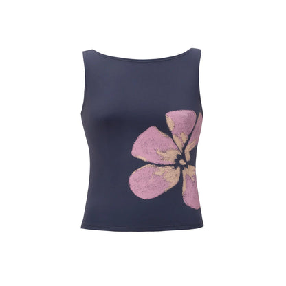 Combhasaki Women'S Y2K Vintage Crop Tank Tops Slim Fitted Aesthetic Flower Print Boat Neck Sleeveless Party Club Summer Camis