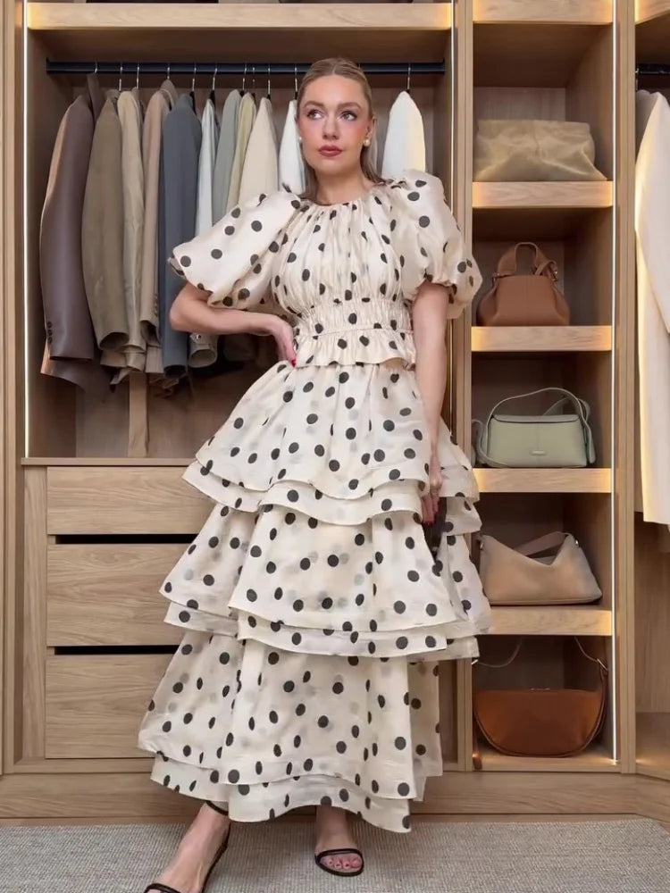 Chic Puffy Layered Ruffles Polka Dot Print Skirt Sets Women Elegant O-Neck Bubble Short Sleeve Tops Suit Lady Evening Partywear