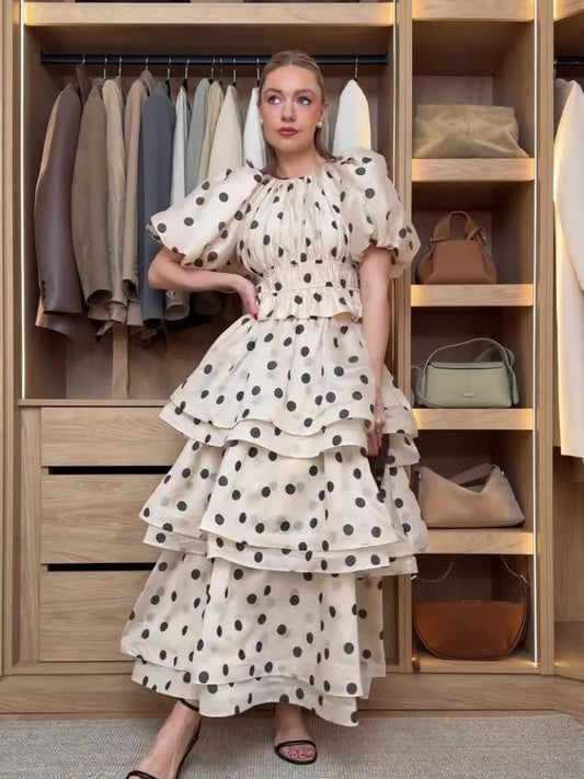 Chic Puffy Layered Ruffles Polka Dot Print Skirt Sets Women Elegant O-Neck Bubble Short Sleeve Tops Suit Lady Evening Partywear
