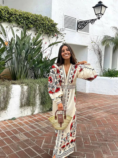 Women Flax Flower Print Maxi Boho Dress Vintage Street V Neck Lantern Sleeve Single Breasted Vestidos Lady Vacation Loose Robes