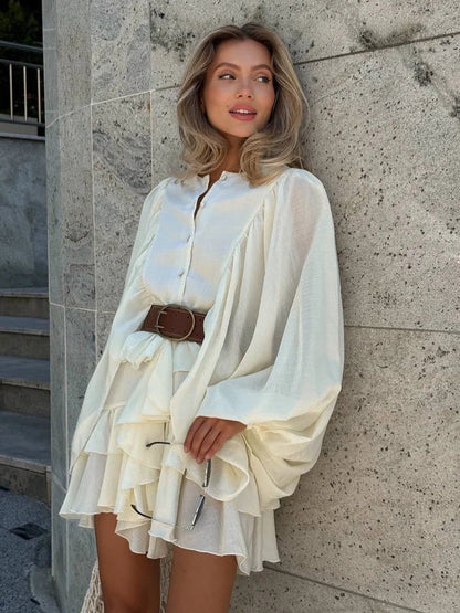Irregular Ruffled Edge Buttons Lantern Sleeve Dress Women Chic Pleated Chiffon O Neck Mini Gowns Lady High Street Vestidos 2025