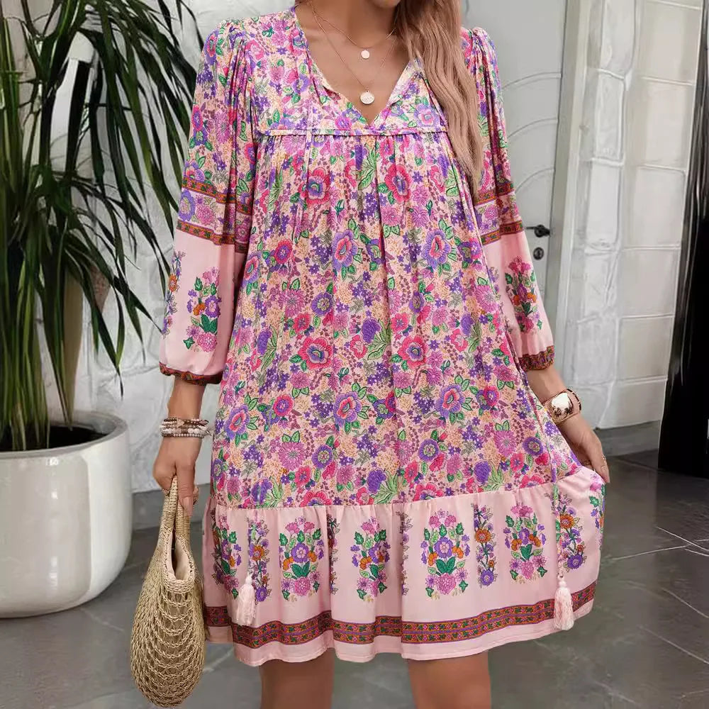 Canwedance Women'S Bohemian Printed Dress V Neck Chic Short Dress Loose Fit Viscose Holiday Dresses Femme Hippie Vestidos