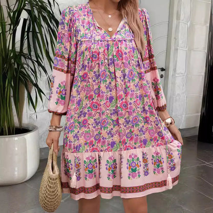 Canwedance Women'S Bohemian Printed Dress V Neck Chic Short Dress Loose Fit Viscose Holiday Dresses Femme Hippie Vestidos