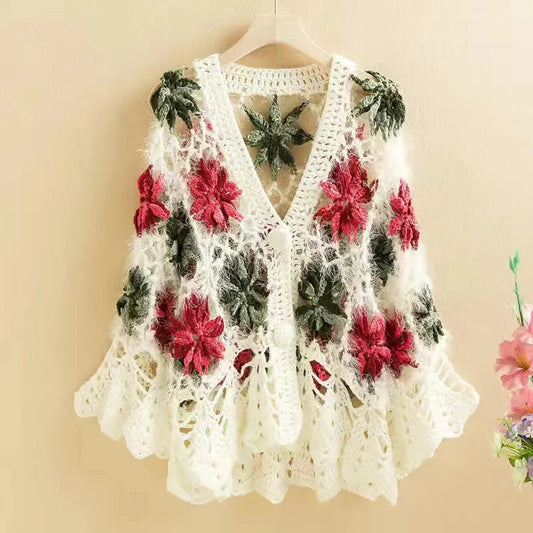 Three-Dimensional Flower Openwork Crocheted Sweater Cardigan Women'S Spring And Autumn New Heavy Industry Joker Sweater 3Xl Coat