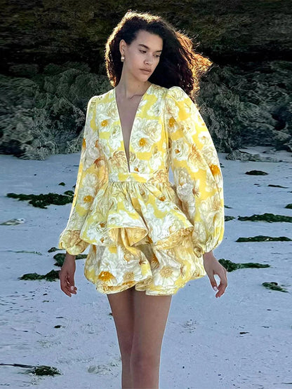 Elegant Print Ruffles Mini Dress Women Deep V Neck Long Sleeves A Line Dresses Female 2025 Spring New Fashion Fluffy Robe Lady