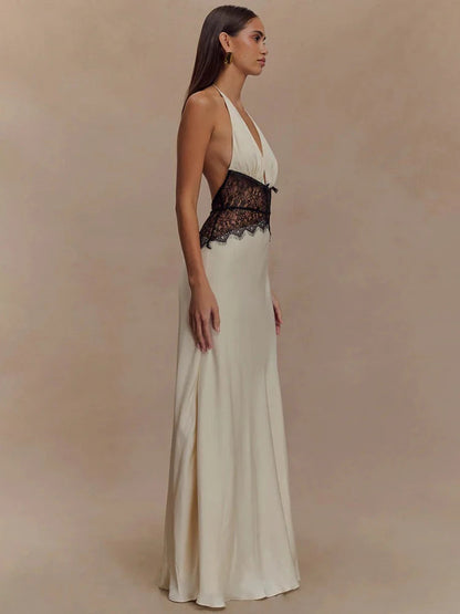 Mozision Summer Backless Sexy Maxi Dress Women Gown Patchwork Lace Halter Deep V Neck Sleeveless High Waist Elegant Long Dress