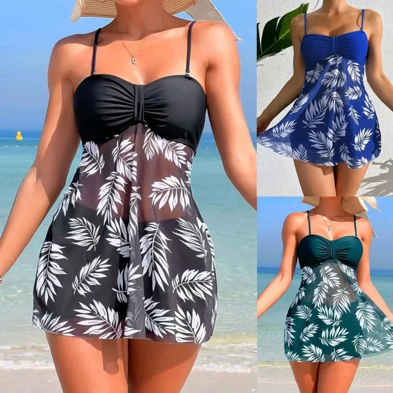 Summer Short Dress Split Swimsuit Women'S Sexy Fashion High Waist Swimsuit Thickened Mesh Print Swimming Beach Wear