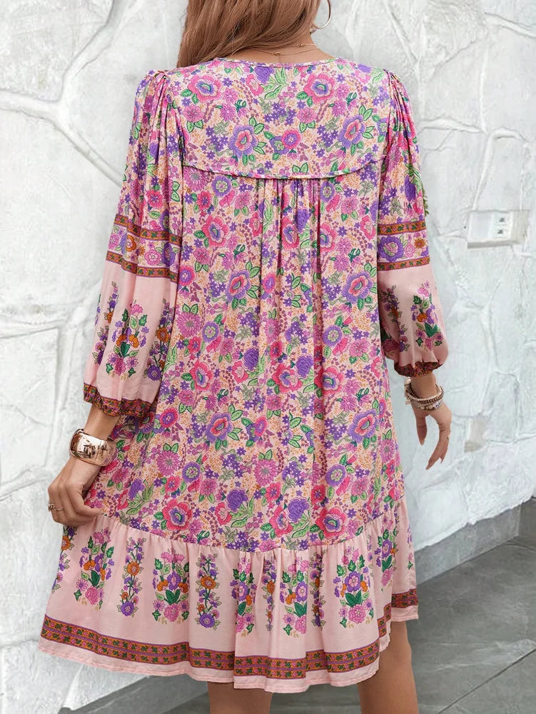 Canwedance Women'S Bohemian Printed Dress V Neck Chic Short Dress Loose Fit Viscose Holiday Dresses Femme Hippie Vestidos