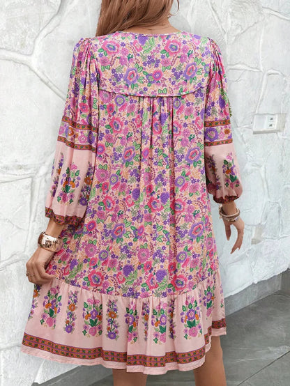 Canwedance Women'S Bohemian Printed Dress V Neck Chic Short Dress Loose Fit Viscose Holiday Dresses Femme Hippie Vestidos