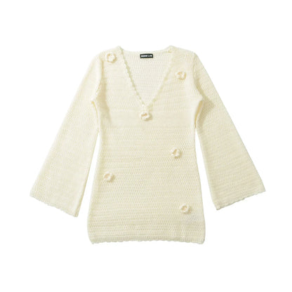 3D Flower Hand Crotch Full Flare Sleeve Sweater Dress