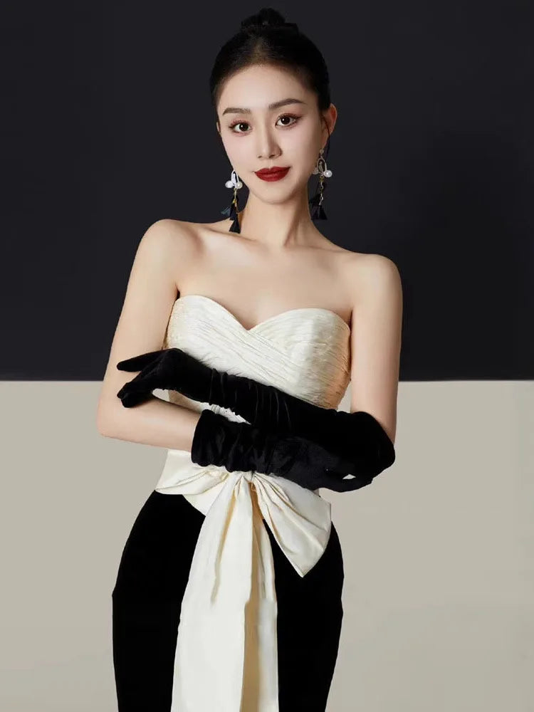 3D Flower Bowknot Patchwork Velvet Dress