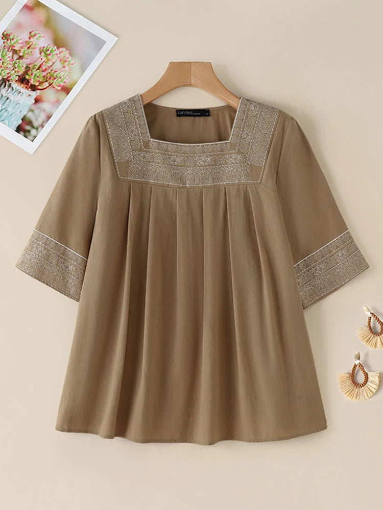 Elegant Women Square Neck Half Sleeve Work Blouses Summer Embroidery Shirt Fashion Holiday Tunic Tops Loose Blusas Mujer