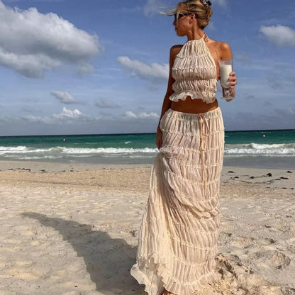 Pleated Crop Tops Long Skirt Suit Women Halter Sleeveless Backless Skirts Set 2024 Summer Ladies Sexy 2 Piece Set Beach Outfit