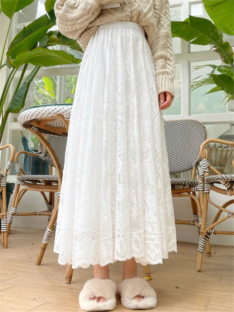 Vintage Women'S Lace Crochet Umbrella Long Skirts Bohemian High Waist Hollow Out Female Maxi Skirts Spring Summer