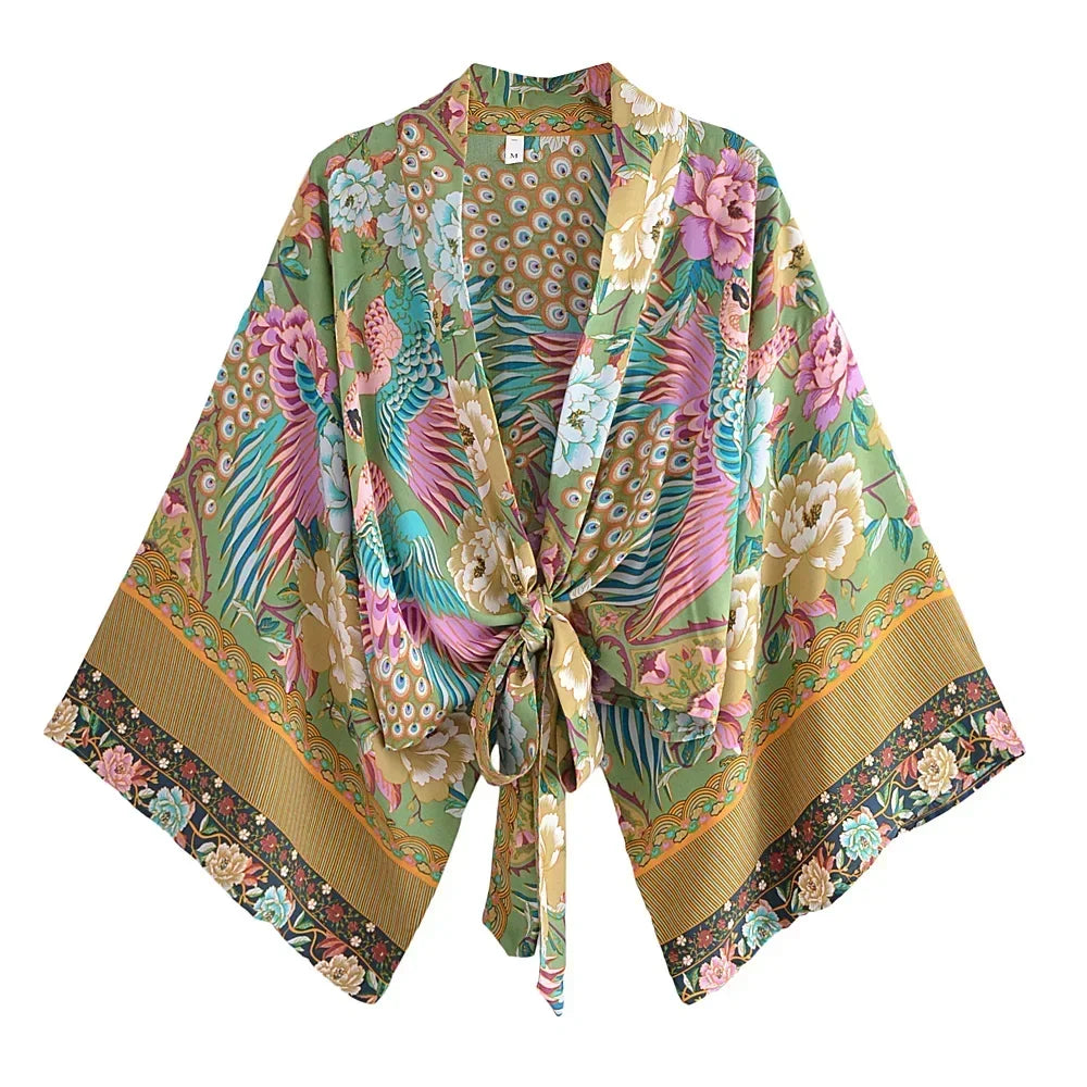 Happie Queens Floral Print Sashes Short  Kimono Women Fashion V Neck Batwing Sleeves Robe Lady Boho Bikini Cover-Ups