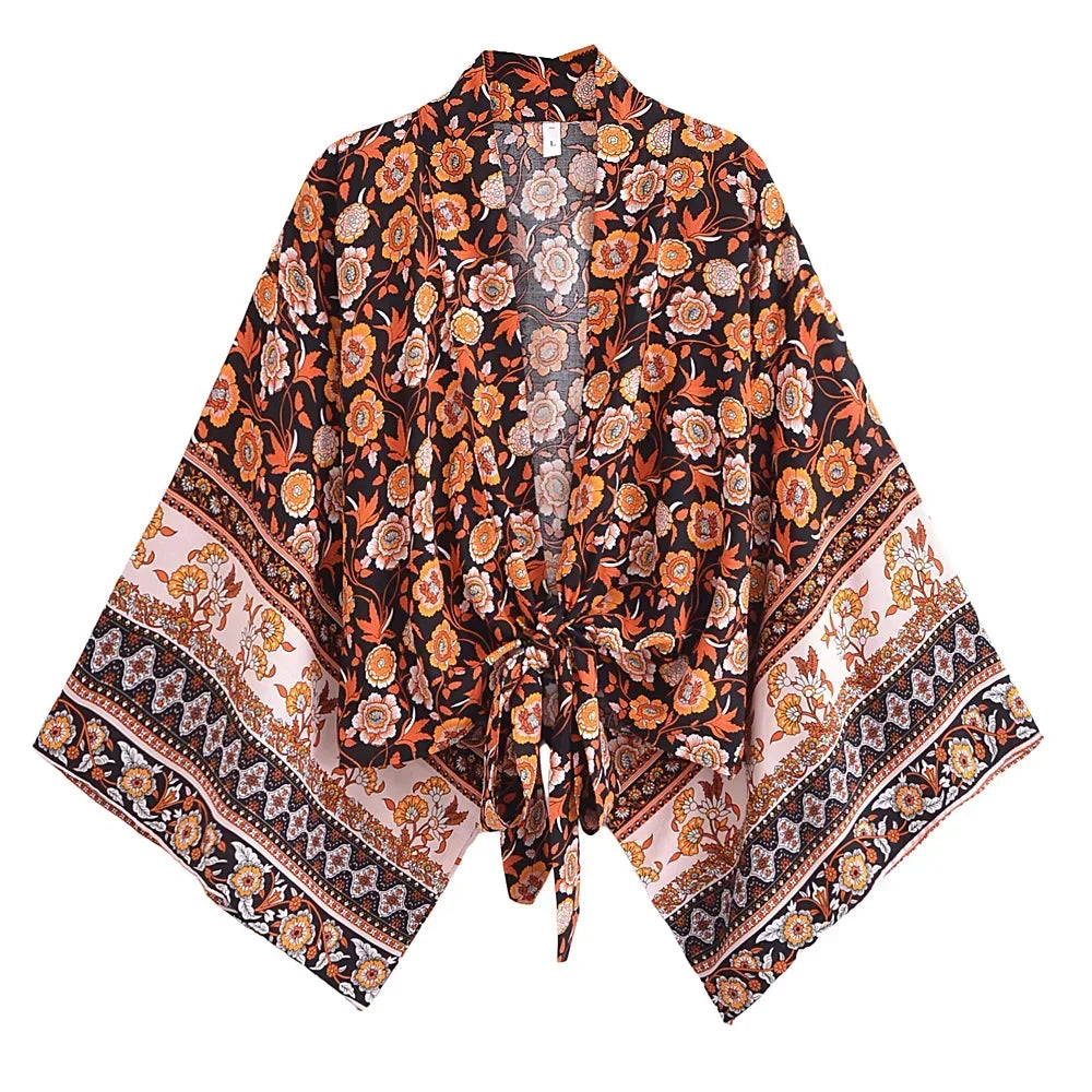 Happie Queens Floral Print Sashes Short  Kimono Women Fashion V Neck Batwing Sleeves Robe Lady Boho Bikini Cover-Ups