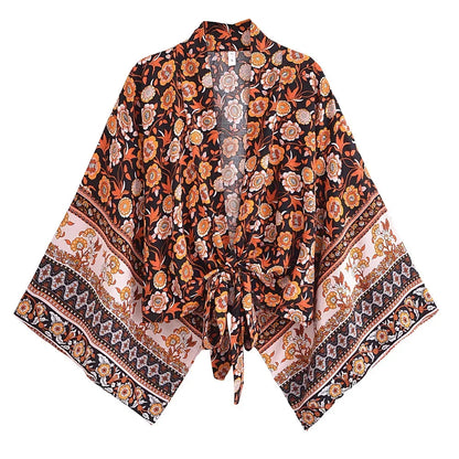 Happie Queens Floral Print Sashes Short  Kimono Women Fashion V Neck Batwing Sleeves Robe Lady Boho Bikini Cover-Ups