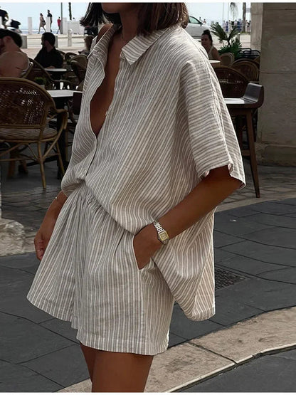 Women Fashion Stripe Print Lace-Up Shorts Set Oversized Lapel Short Sleeve Single Breasted Shirts Suit Lady Casual Street Outfit