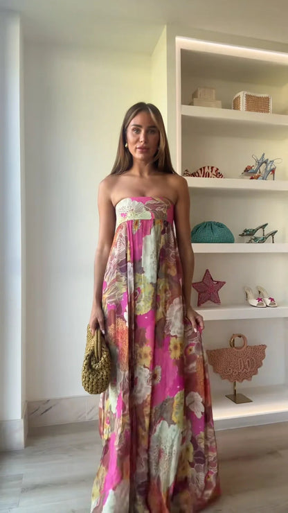Casual Pleated Printed Strapless Maxi Dress Women Chic Sleeveless High Waist Loose Hem Long Dresses Summer New Lady Party Robes