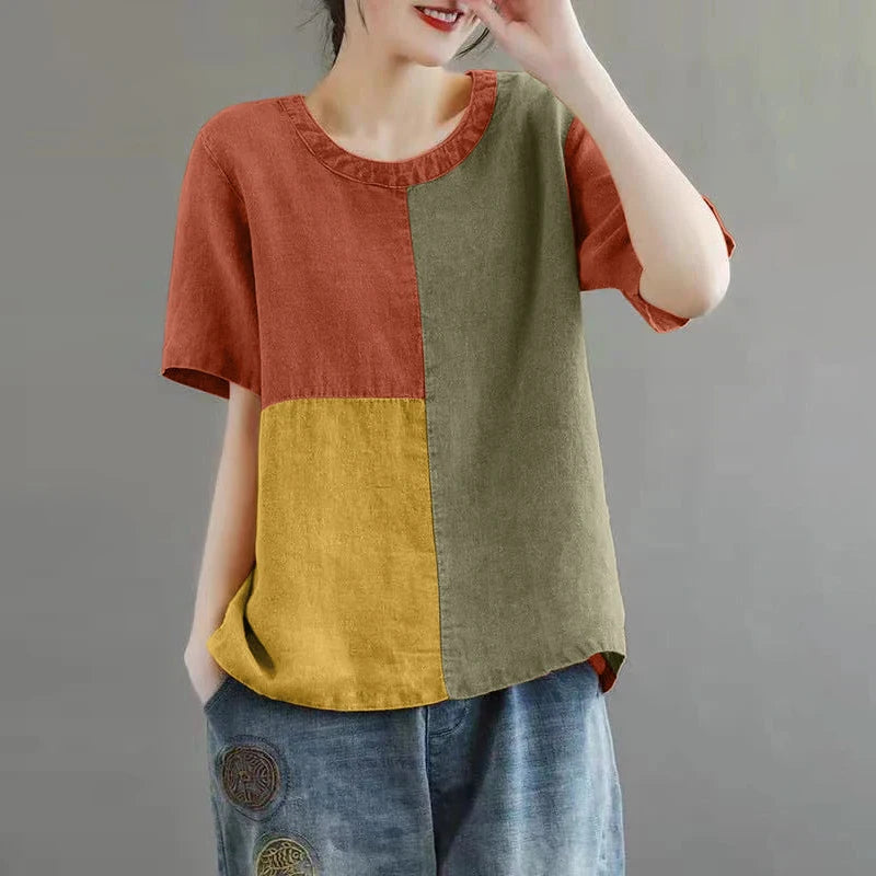 Women Patchwork Blouse 2024 Summer Short Sleeve Tunics Fashion Round Neck Shirts Casual Loose Holiday Cotton Linen Tops