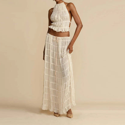 Pleated Crop Tops Long Skirt Suit Women Halter Sleeveless Backless Skirts Set 2024 Summer Ladies Sexy 2 Piece Set Beach Outfit