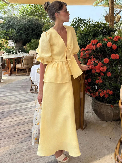 Tossy Summer Ruffled 2 Piece-Set Maxi Skirt For Women V-Neck Lace-Up Short Sleeve Shirts Top And Slim High Waist Long Skirt Sets